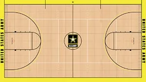 Gym floor design drawing: maple court with yellow border, black lines and an Army star center logo
