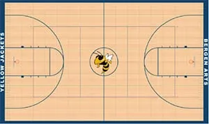 Gym floor design drawing: maple court with navy border and a yellow jacket center logo