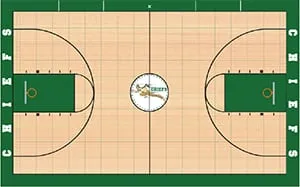 Gym floor design drawing: maple court with green border, green keys and a Chiefs center logo