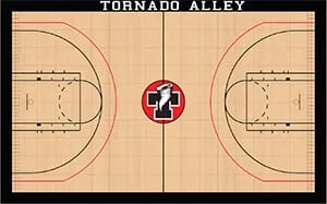 Gym floor design drawing: maple court with black border, red lines and a center-court logo