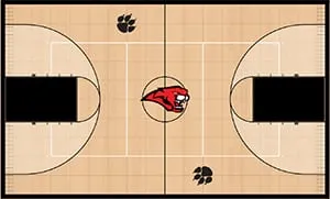 Gym floor design drawing: maple court with black keys and a red bird center logo