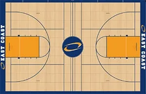 Gym floor design drawing: maple court with navy border, orange keys and a blue center logo