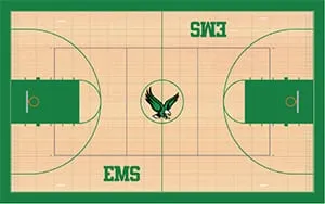 Gym floor design drawing: maple court with green border, green keys, EMS lettering and an eagle logo