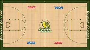 Gym floor design drawing: maple court with dark green border and a Falcons center logo
