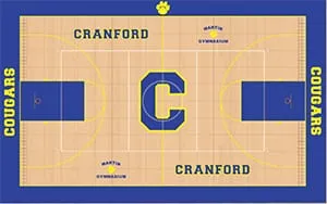 Cranford Cougars gym floor design drawing: blue border and keys with a gold C center logo