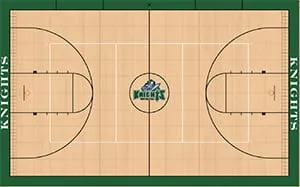 Gym floor design drawing: maple court with green border and a Knights center logo