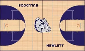 Gym floor design drawing: maple court with navy border, navy three-point areas and a bulldog center logo