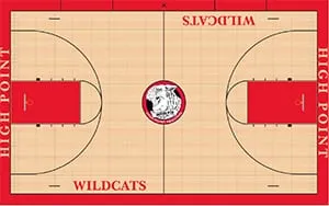High Point Wildcats gym floor design drawing: maple court with a red border, red keys and a center logo