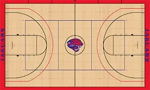 Gym floor design drawing: maple court with red border and a Jaguars center logo