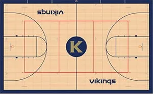 Vikings gym floor design drawing: navy border, red lane lines and a gold K center logo