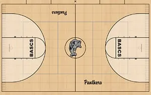 Gym floor design drawing: natural maple court with stained keys and a Panthers center logo