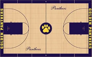 Gym floor design drawing: maple court with navy border, navy keys and a gold paw center logo