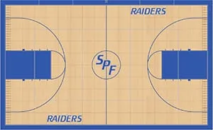 Gym floor design drawing: maple court with blue border, blue keys and Raiders lettering