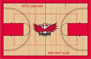 Gym floor design drawing: maple court with red border, red keys and an owl center logo