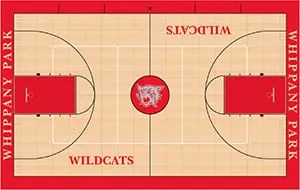 Whippany Park Wildcats gym floor design drawing: red border, red keys and a wildcat center logo