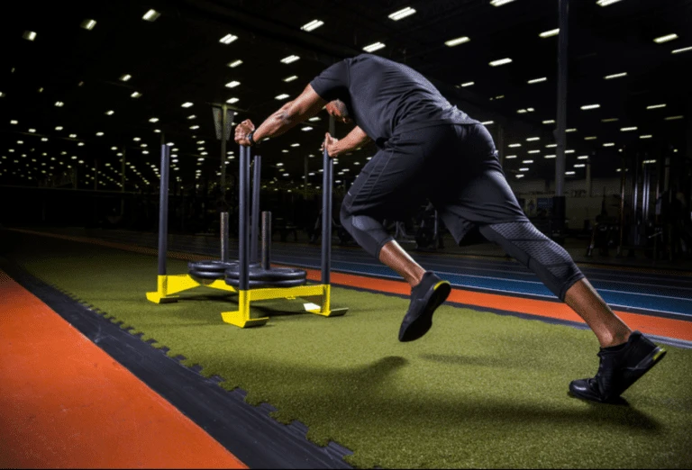 Athlete pushing a weighted sled across green indoor turf in a training gym