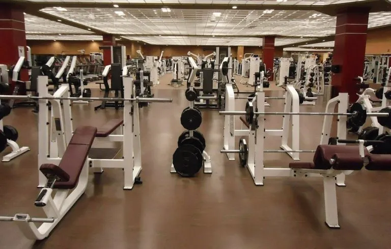 Commercial gym with rows of weight machines and benches on a rubber floor