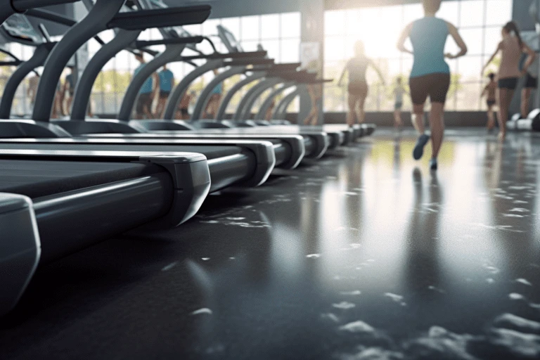 People running on treadmills in a bright commercial gym with a glossy floor