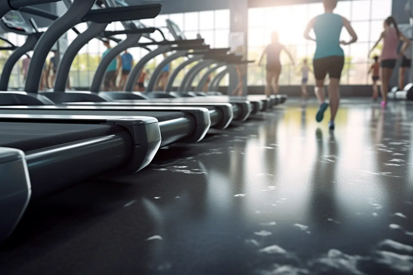 People running on treadmills in a bright commercial gym with a glossy floor
