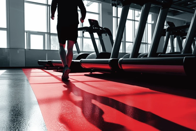 Treadmills in a fitness center with a red running lane on a dark rubber floor