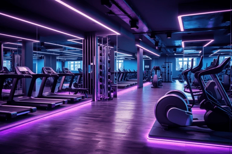 Fitness center with treadmills and cardio machines under purple accent lighting