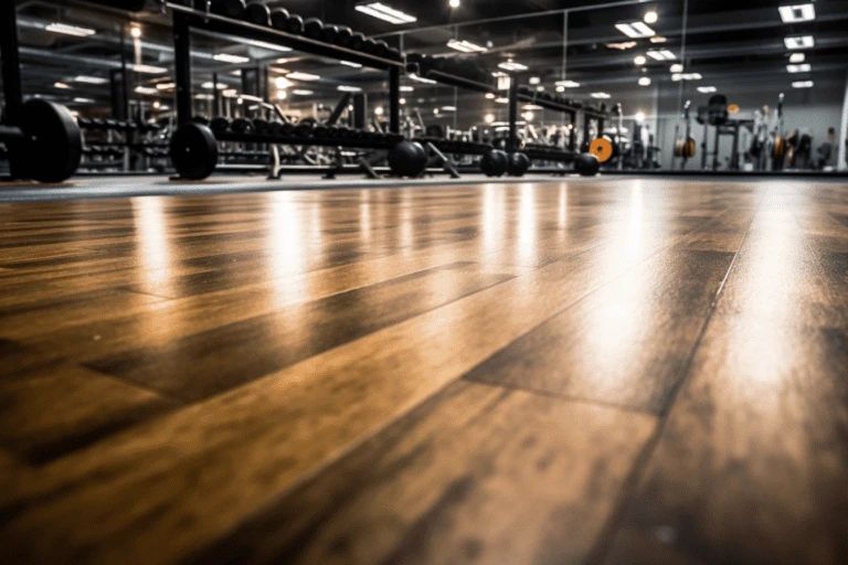 Weight training area of a large gym with a glossy wood-look floor in front