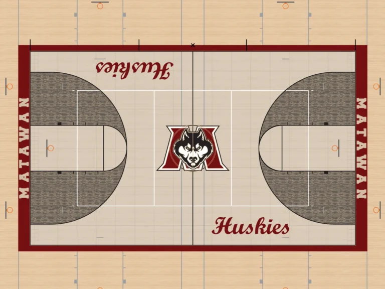 Gym floor design mockup for Matawan: maroon border, Husky center logo, Huskies script and gray-stained three-point areas