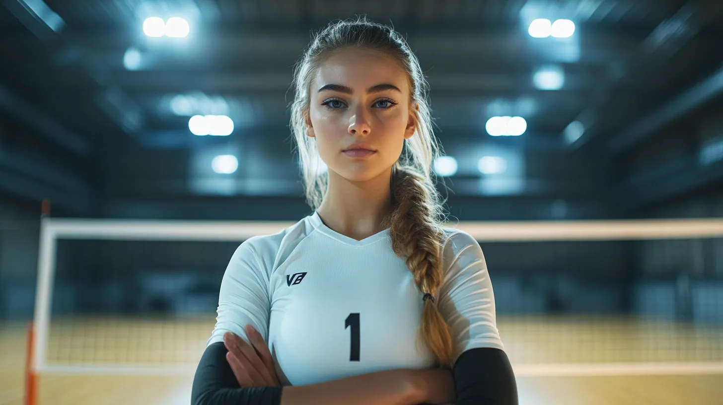 Volleyball player with arms crossed on an indoor court