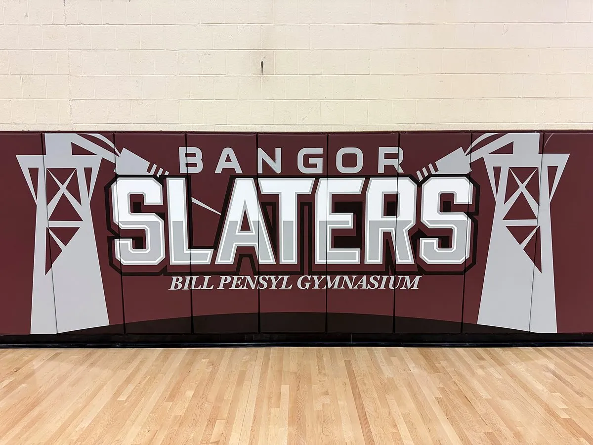 Maroon Bangor Slaters printed wall pads in the Bill Pensyl Gymnasium
