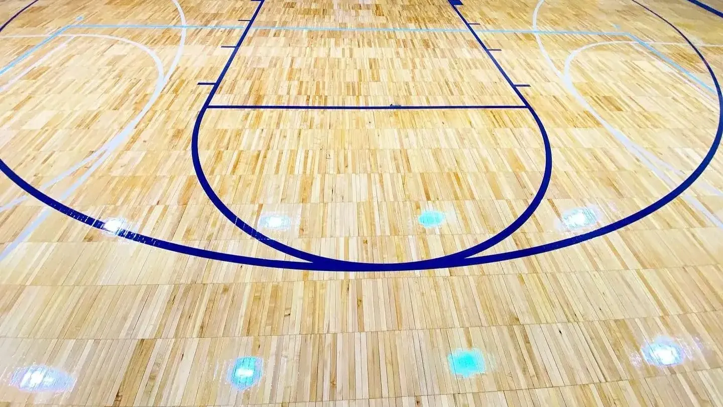 Freshly finished high-gloss maple gym floor with navy game lines