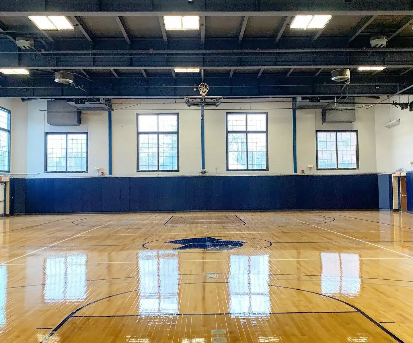 Bright, high-gloss finished maple gym floor with navy wall pads under tall windows