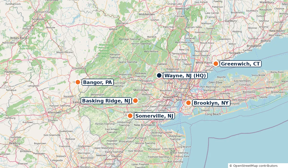 Map of J and J Gym Floors projects: Wayne NJ headquarters, Basking Ridge NJ, Somerville NJ, Bangor PA, Greenwich CT and Brooklyn NY