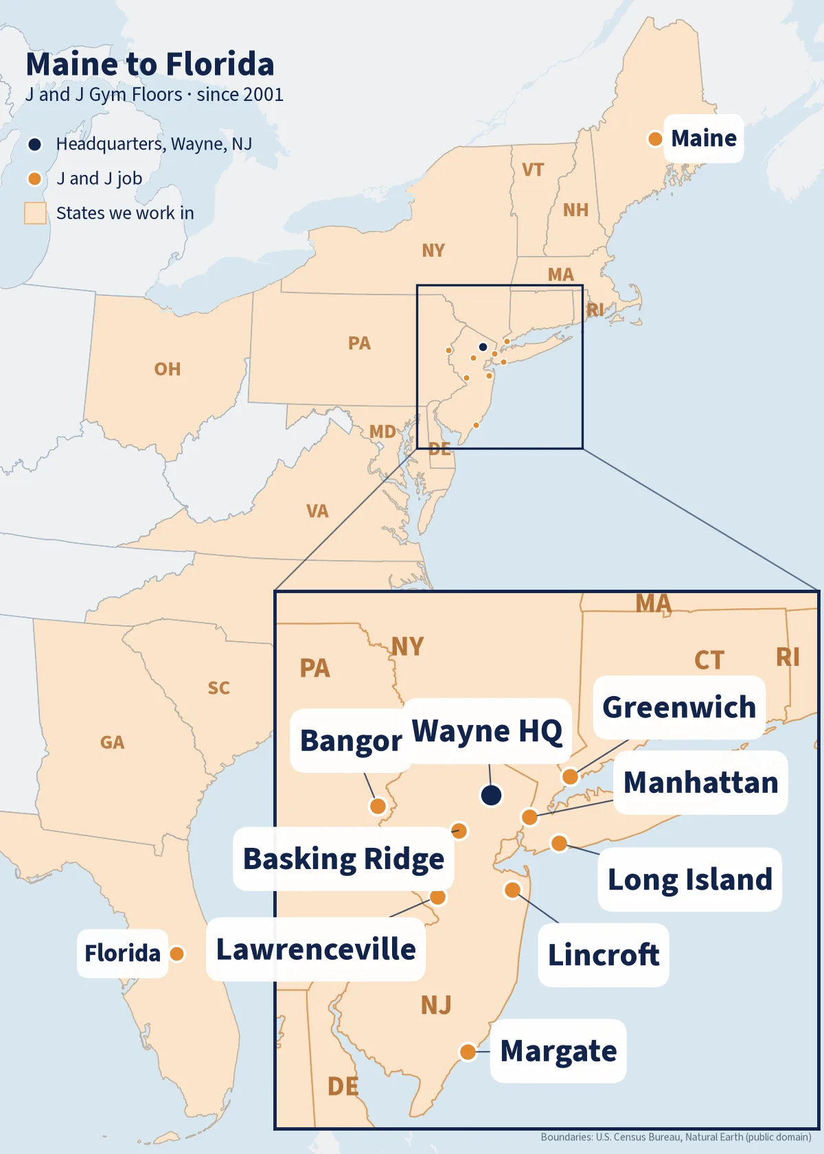 Map of J and J Gym Floors projects along the East Coast, headquartered in Wayne, NJ