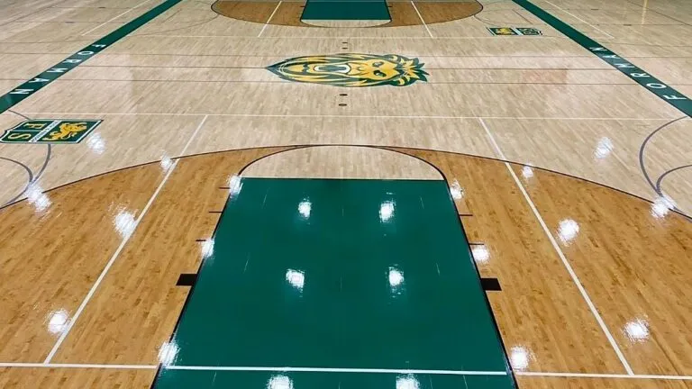 Glossy high school gym floor with green painted key and Lions center logo