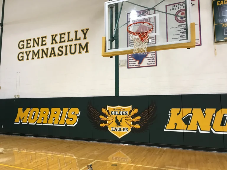 Custom gym wall pads with the Morris Knolls Golden Eagles logo and lettering