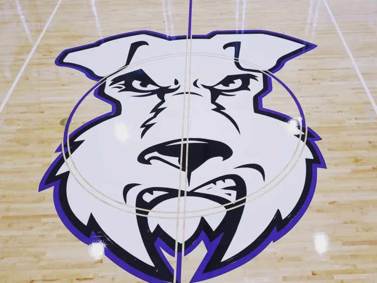 Purple and white terrier center court logo on the new maple gym floor at Newark Tech