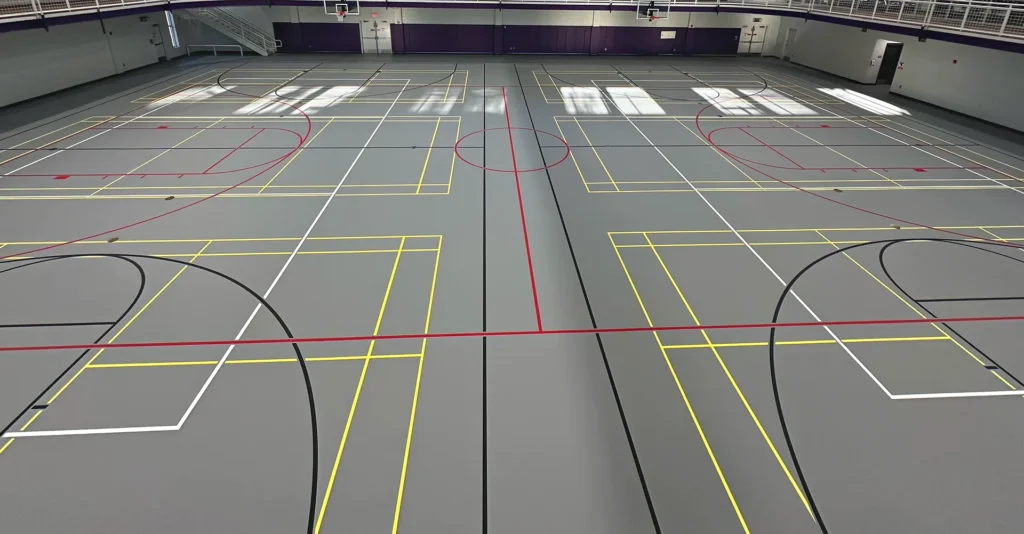 Wide view of a gray multi-court poured gym floor in Georgia with yellow, red, white and black game lines