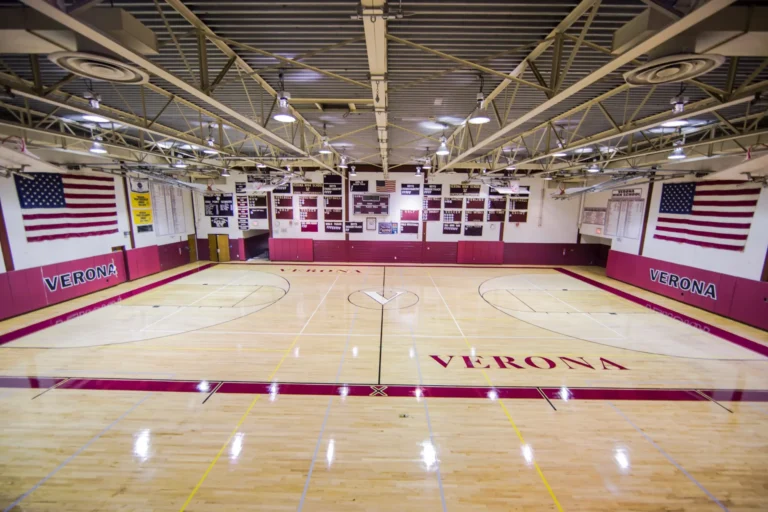 Finished maple gym floor in Verona, NJ with VERONA lettering and a glossy finish